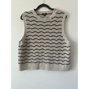 C&A Pullover Sweater Vest Women's X-Large Tan & Navy Tight Knit Crew Neck Cotton